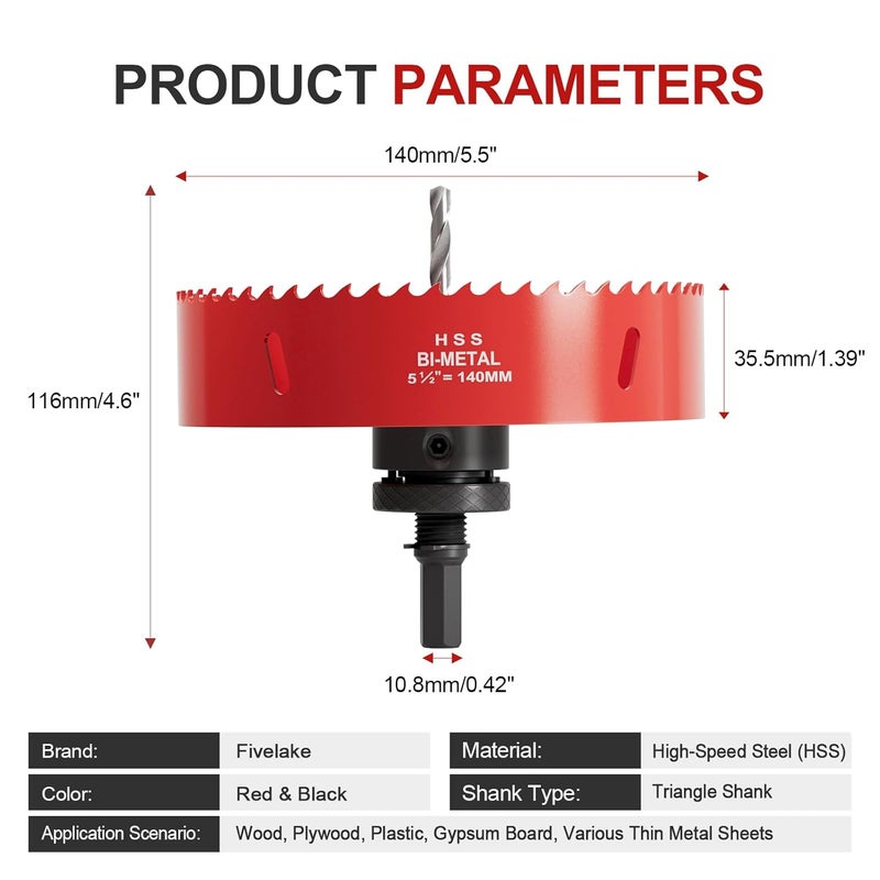 FIVELAKE 5-1/2" (140mm) Bi-Metal M42 High Speed Steel Hole Saw with Pilot Drill Bit, Smooth Cutting Edge for PVC, Drywall, Wood, Plastic, Gypsum Board, Rubber, Thin Metal - Image 4